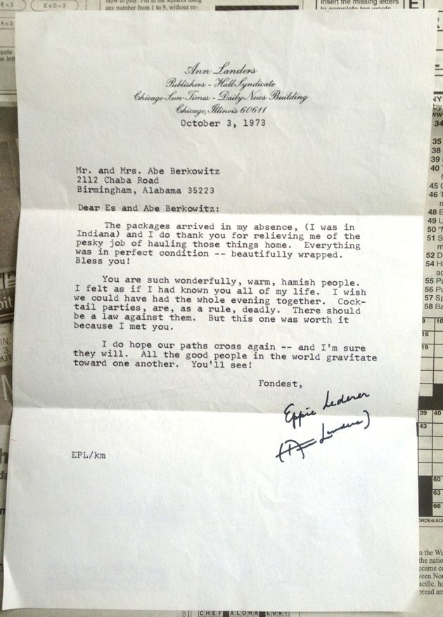 Ann Landers letter to Debra Darvicks grandmother in 1973