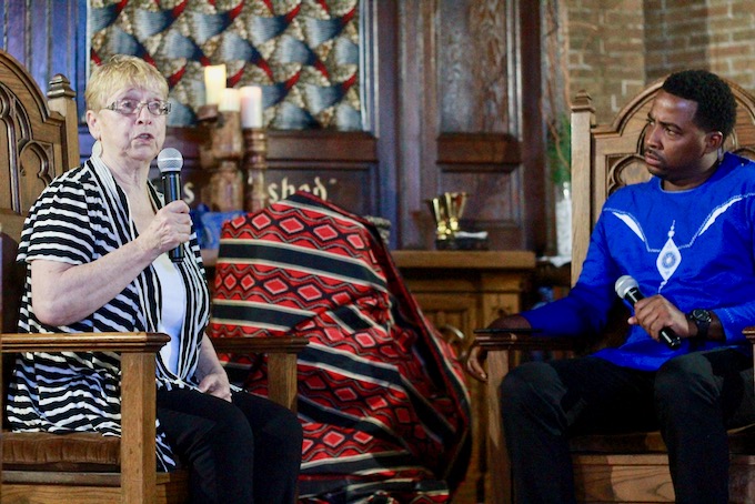Lucille Sider, author of Light Shines in the Darkness, talks with Pastor Will Beverly at St. James Community Church in Chicago.