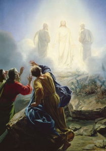 Painting of men in white light, others looking on while shielding eyes