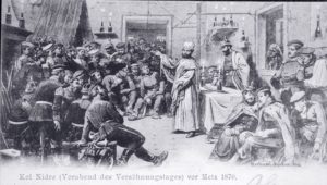 Black-and-white drawing of soldiers gathered in room around man speaking