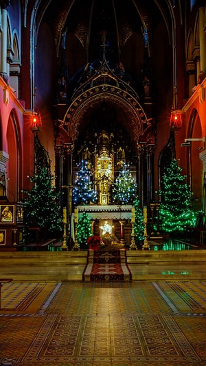 Altar of a church decorated for Christmas