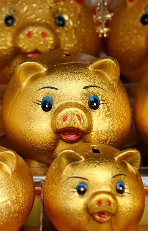 Gold piggy banks in rows