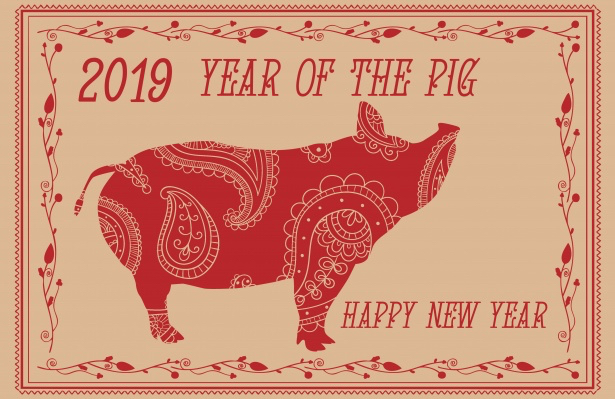Pig on pink with words Happy New Year