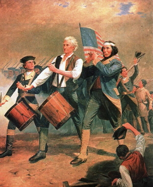 Painting of peple marching in patriotism in early American history