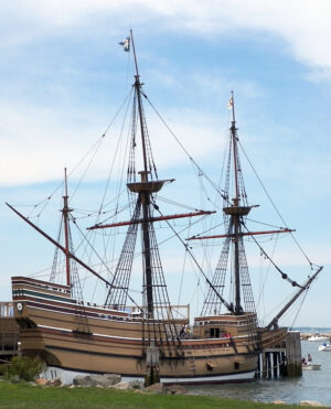Tall ship in harbor Mayflower