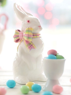 White rabbit, egg holder, candies, Easter