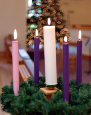 Advent wreath, lit, all candles